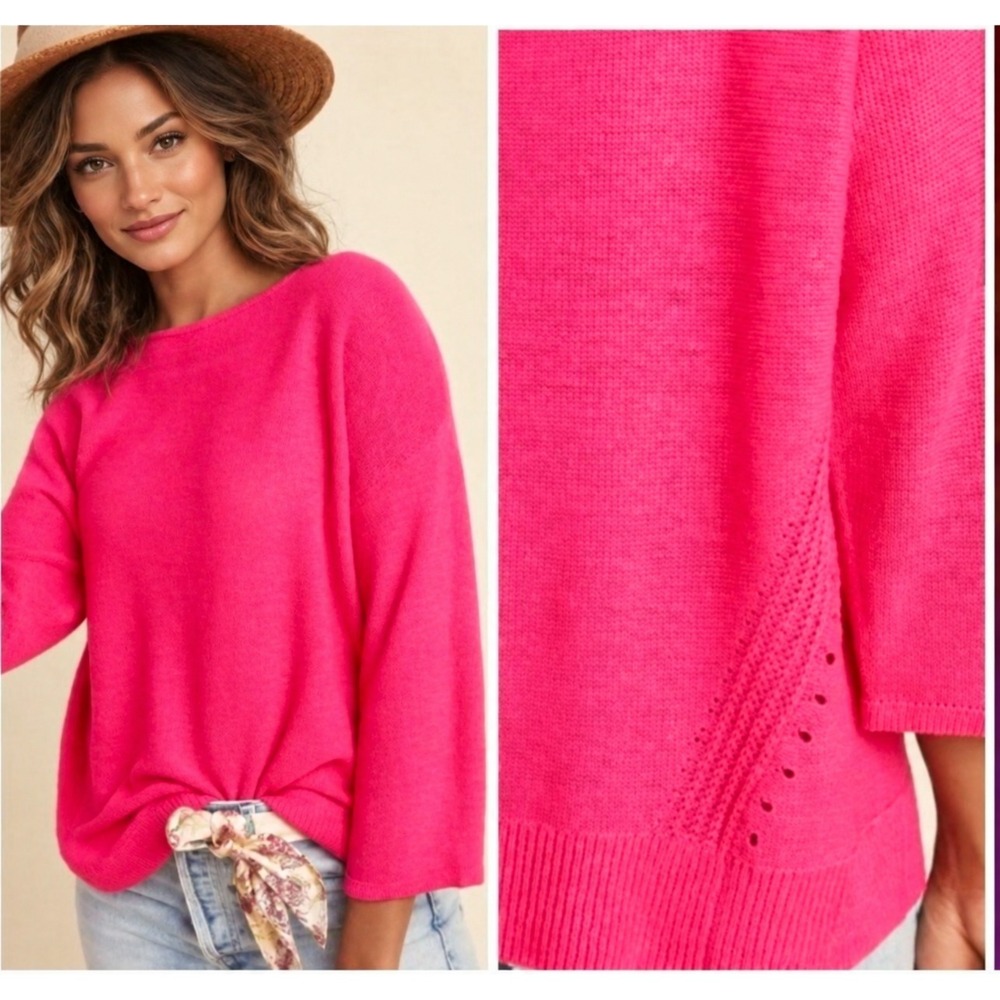 ANTHROPOLOGIE Women's Top Sweater XS Fuchsia Linen 3/4 Sleeve Knit Boat Neck